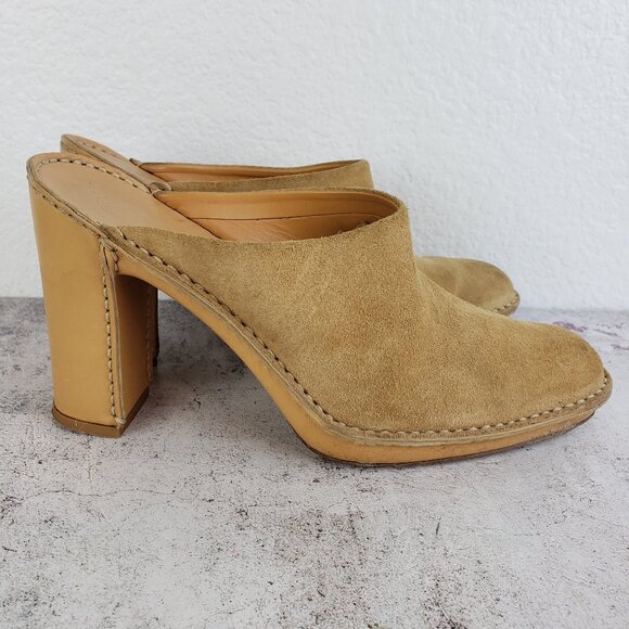 Tod's Shoes - Tod's Leather Suede Heeled Mules Clogs Camel Tan size 39.5 / 8.5-9 Classic Italy
